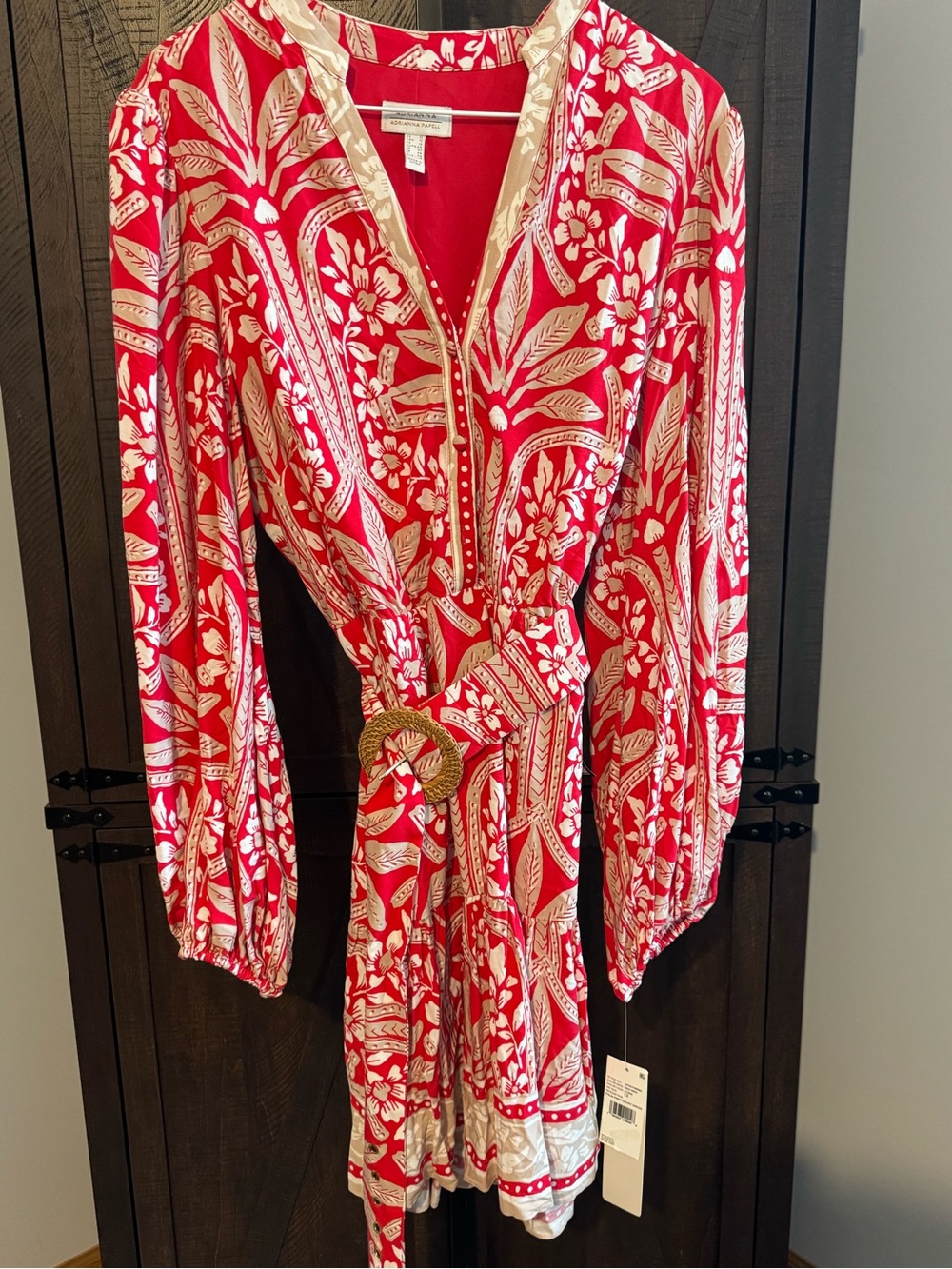 Adrianna Papell Red and Cream Floral Belted Long-Sleeve Dress